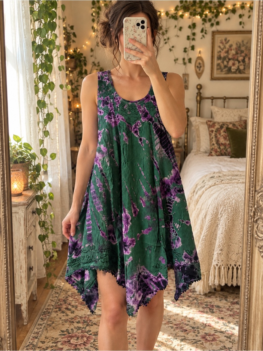 Boho Tie-Dye Handkerchief Hem Dress — Green & Purple